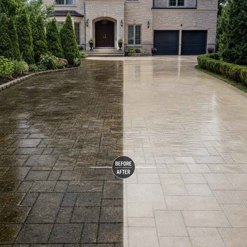 Driveway pressure washing showing dramatic before and after transformation
